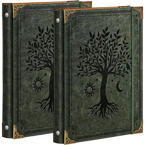 2 Pack Leather 3 Ring Binder Fits 8.5"x11" Letter Size Paper, 1 Inch Round Ring Binder Holds 200 Sheets, Notebook Cover Loose Leaf Organizer, Green Tree