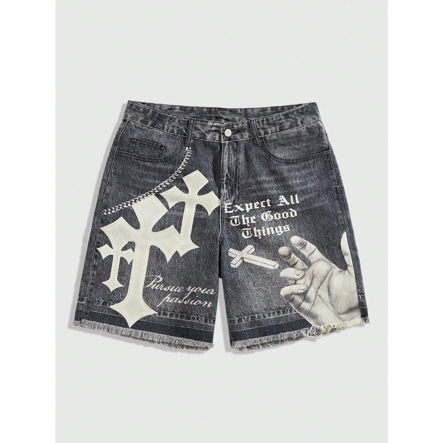 Men's Grunge Punk Jean Shorts with Chain Pattern - Casual 90s Look High Street Style Denim for Parties & Outdoors, Menswear, Fashion Apparel, Men's Jorts, 90S Grunge, Vibe, Teenage Dirtbag Aesthetic, Streetwear, Mensfashion, 90S Fashion Men's Jeans