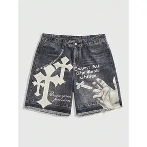 Men's Grunge Punk Chain Pattern Casual Denim Shorts Jorts, Daily Wear