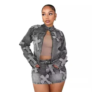 Women 2 Piece Denim Outfit Sexy Long Sleeve Zip Up Jean Jacket Bodycon Mini Skirt Sets