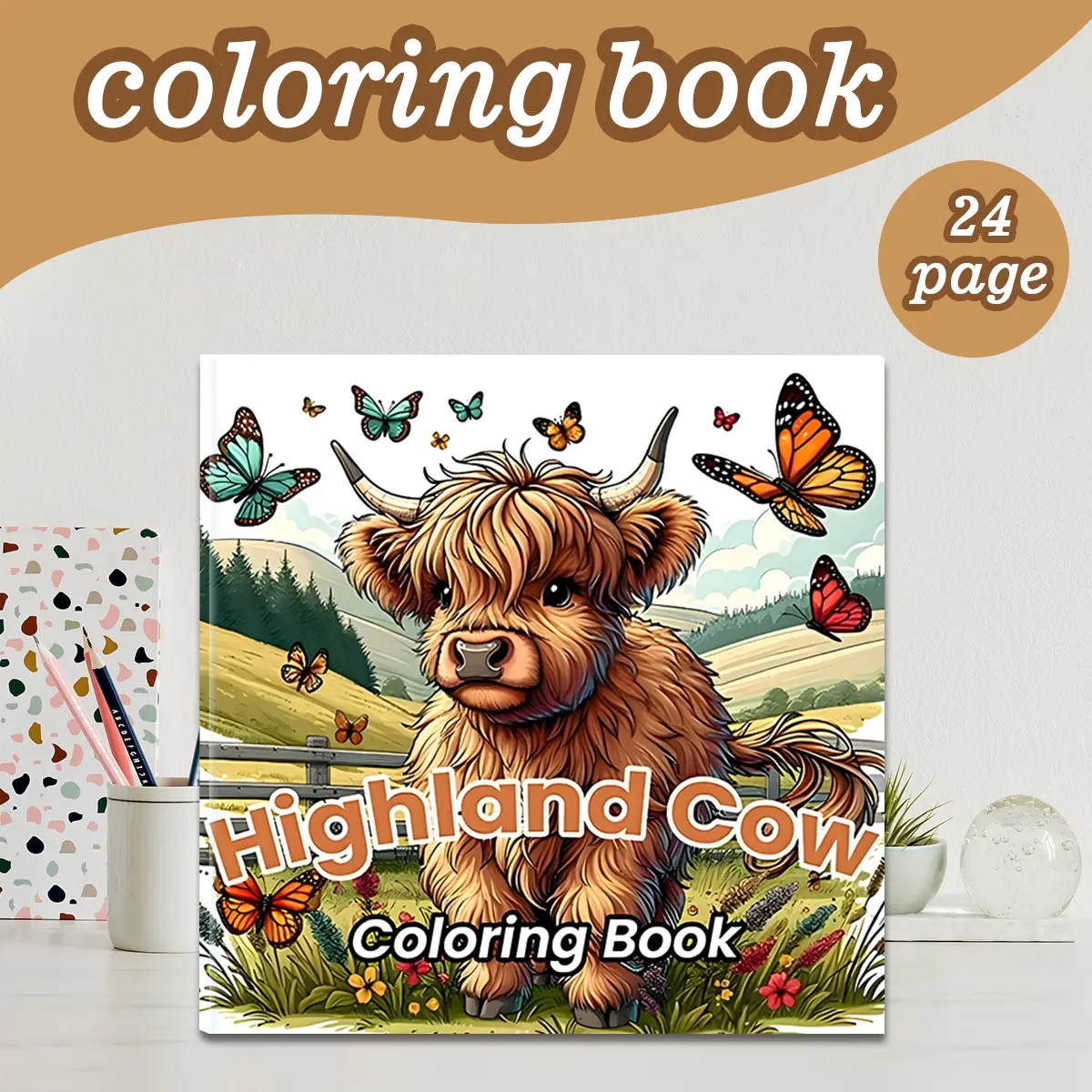 Highland Cow Themed Stress Relief Coloring Book, 24 Bold Designs, 7.9in X 7.9in Perfect Size, Thick Paper, Ideal Gift for Adults Kids Teens
