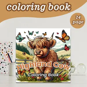 Highland Cow Themed Stress Relief Coloring Book, 24 Bold Designs, 7.9in X 7.9in Perfect Size, Thick Paper, Ideal Gift for Adults Kids Teens