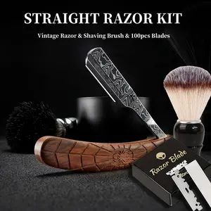 Men's Straight Razor Kit - Barber Straight Edge Razor with 100 Blades & Shaving Brush, Wooden Stainless Steel Shaver for Flawless Shave, Premium Barber Razor for Men's Grooming