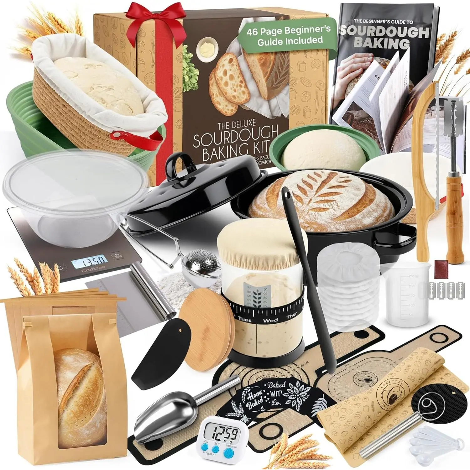 Super Deluxe -Inclusive  Sourdough Starter Kit with Pot. Sourdough Bread Baking Supplies, Scale, Oval & Round Baking Slings, 4 proofing Baskets, Bowl, Timer, Beginner Guide & Recipes