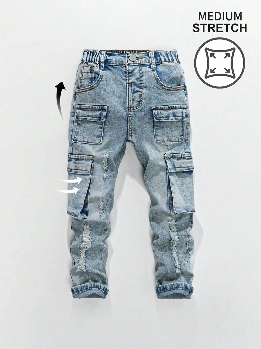 Young Boy Vintage Street Style Distressed Ripped Multi-Pocket Stretchy Slim Fit Denim Cargo Pants Fall Winter