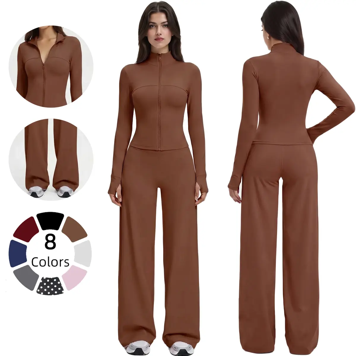 Women's 2-Piece Sportswear Set - Compression Zip-Up Jacket, Butt-Lifting Wide-Leg Active Jogger Leggings for Gym Workouts