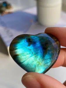 AAA Flashy Labradorite Palm Heart Carving Blue Pink Purple Yellow Flash Stunning Crystal Carving 1.5" 4cm 25g 1.0oz