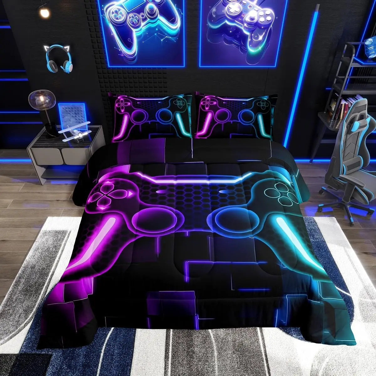 Feelyou Gamer Duvet Set - Purple-Blue-Black Hexagon Gamepad-Themed Bedding with Insert, Multi-Size Queen All Seasons Travel-Friendly Bed Blanket for Boys, Gaming Room Decor