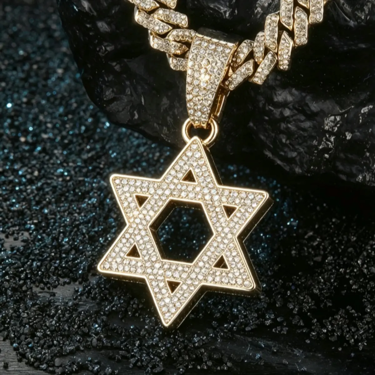 Men's Iced-Out Hexagram Star of David Pendant Necklace, Hollow Full-Zirconia Bling Rapper Streetwear Statement Jewelry, Fashion Accessory Gift