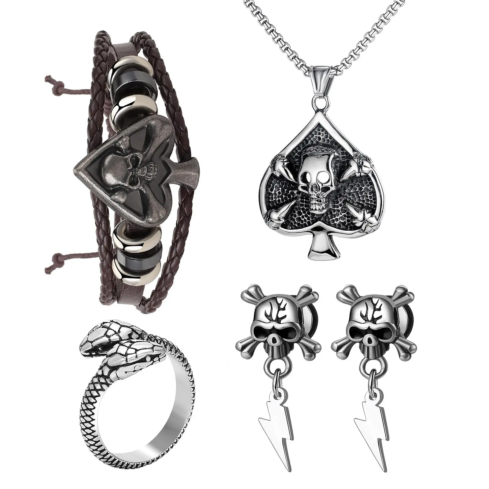 OIDEA Gothic Skull Poker Card Jewelry Set for Men, Skull Lightning Earrings, Ace of Spades Necklace, Leather Bracelet and Snake Ring
