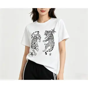 Dual Leopards Star Graphic Crew Neck Tee – Edgy Streetwear for Wild Style Lovers!   easter shirts for women   y2k tops