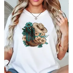 Stylish Cowboy Boots and Hat Design T-Shirt with Floral Accents on a  Cotton Shirt Ideal for Western and Boho Fashion