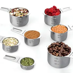 GAOMON 7-Piece Silver 304 Stainless Steel Measuring Cup Set, Dishwasher Safe, Rust-Proof, Flat Design with Clear Markings (US & Metric), for Cooking & Baking