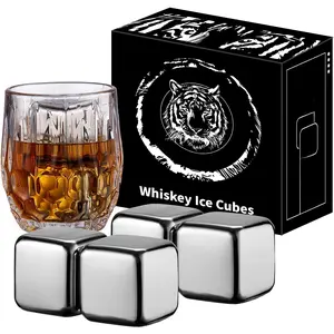 4 Large  Stones 64 cm3 (4 cu in) - Man  Set -  Stainless Steel Metal Ice Sphere Cubes Beverage Chilling Rocks  Stones for Red , Bar , ,  Drinks -