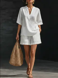 Women's Casual Loose V-Neck Two-Piece Set, Short Sleeve Tops & Shorts, European & American Style, Comfortable Summer
