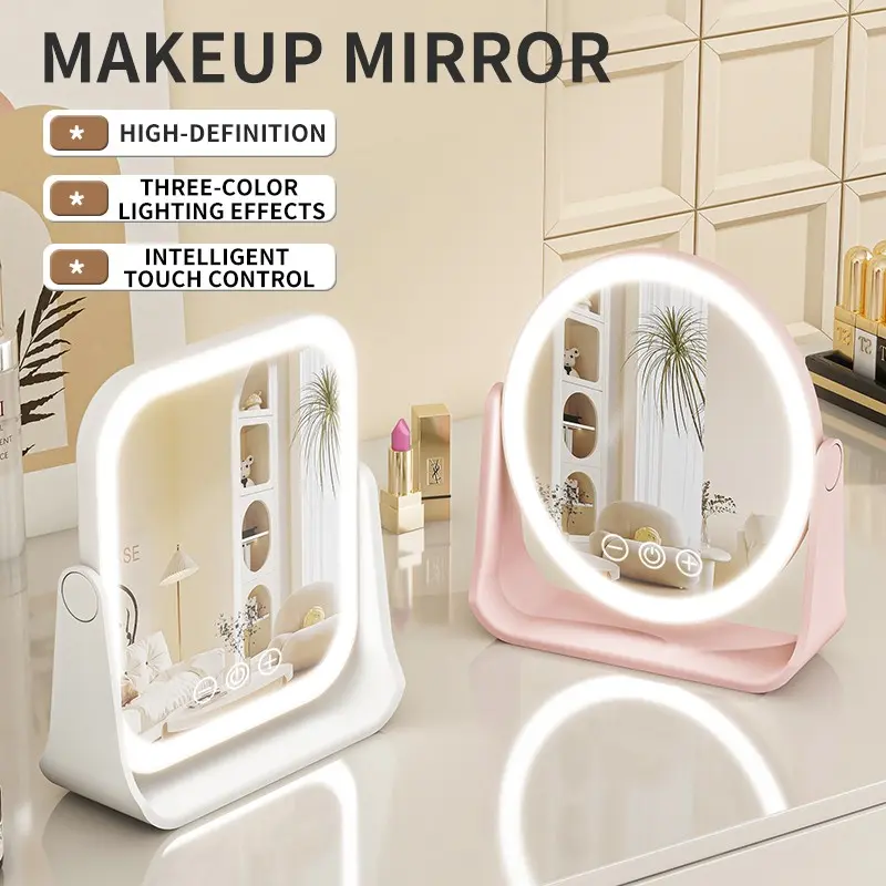 Portable LED Makeup Mirror, Tri-fold Foldable Rechargeable Mirror with 5x Magnification, Touch-sensitive Mirror Surface for Travel and Bedroom Use, Featuring Illuminated Mirror, Rechargeable 360-degree Rotating Mirror, LED Cosmetic Mirror