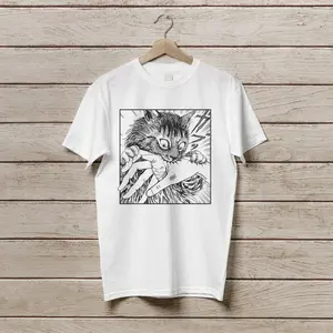 Cat Bite Tshirt, Japanese Horror Anime T-Shirt, Creepy Cat Shirt, Cats Crazy Shirts Cool Graphic Unisex T Shirts Top Streetwear Casual Crewneck