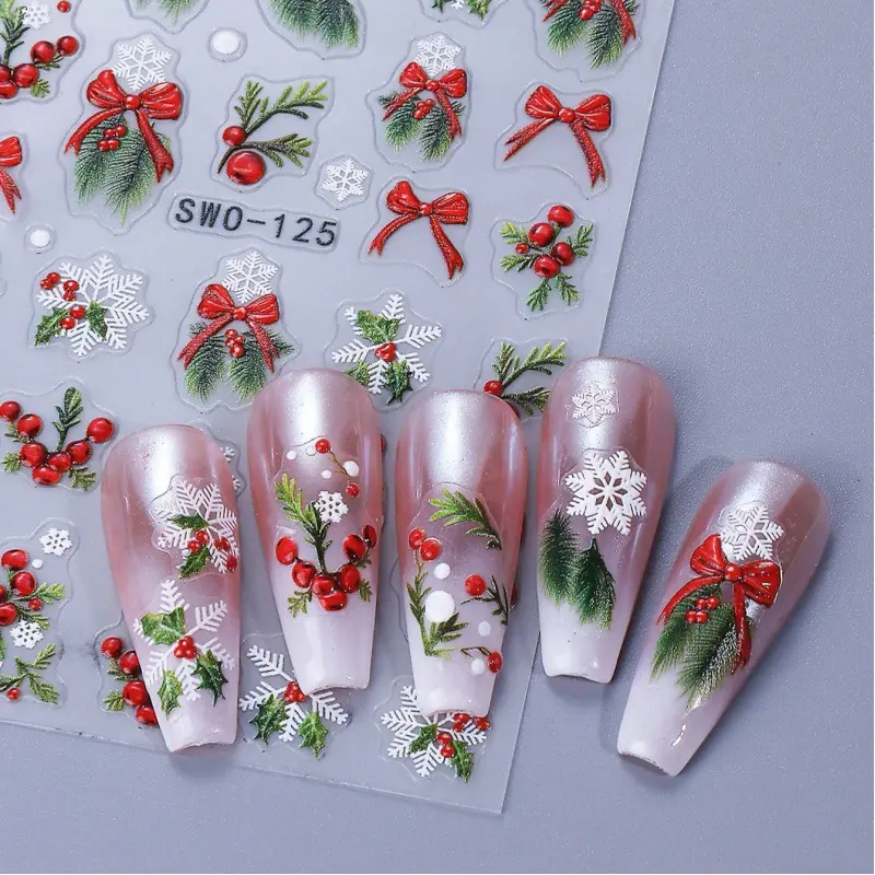 4-Pcs Festive Santa Claus-Themed 5D Self-Adhesive Christmas Nail Art Sticker Sheet Multi-Pack, Decorations with Bow, Ribbon, Holly, Snowflake for DIY Nail Care