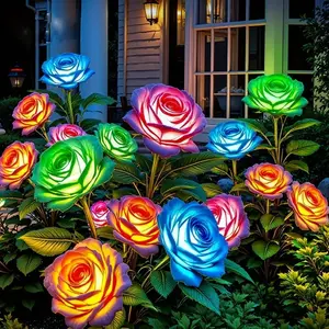KOOPER 6 Pack Solar Lights Outdoor Garden Decor, 7 Color Changing Solar Flowers Outdoor Waterproof with 30 Bigger & Realistic Rose, Enlarged Size Panel for Patio Yard Garden Cemetery Decoration, Gifts
