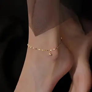 ElegantGolden-ToneBeadedAnklet-ChicMinimalistAlloyFootChainwithDelicateMeshDetail,PerfectforCasualAttire