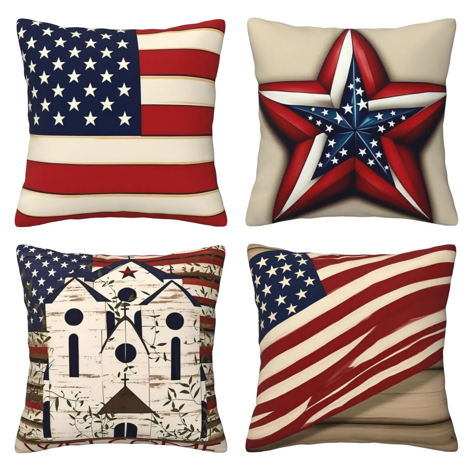 Vintage American Flag Pattern Pillow Cover, Celebrating July 4th Independence Day in the United States, Patriotic Theme, Country Style Decorative Square Cushion Cover, Suitable for Sofas and Beds, 4-piece Set with Double sided Printing, Home Textile