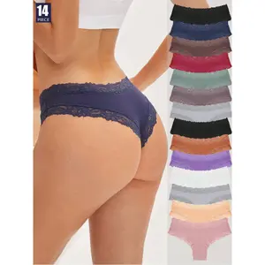 Womens Cotton Underwear Sexy Lace Hipster Panties Soft Breathable Cotton Brazilian Bikini Ladies 14 Pack