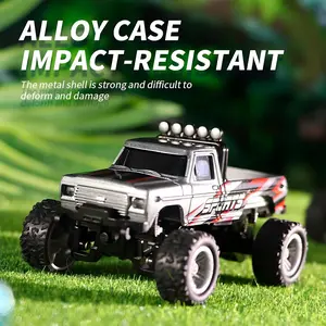 Mini Rc Truck, 1:64 Scale Monster Truck Remote Control Car with Lights, 2.4Ghz Remote Control, Mini Alloy Monster Truck Rc, Speed/Steering Adjustable (Grey)
