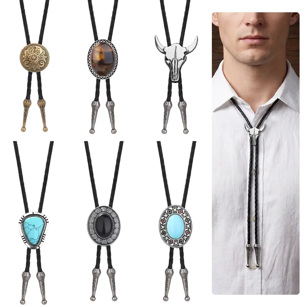 6PCS Handmade Vintage Western Cowboy Style Tie Set with Natural Blue Turquoise Faux Leather Cord Necklace - Unisex for Gifting, Daily Wear & Vacation