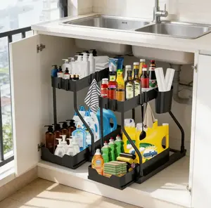 Multi-Purpose 2-Tier Under Sink Organizer with Sliding Pull-Out Basket, Space-Saving Storage Shelf for Kitchen & Bathroom cap door makeup brush holder anniversary wedding gift cosmetic storage basket shoe must have usb rechargeable pump home shelving