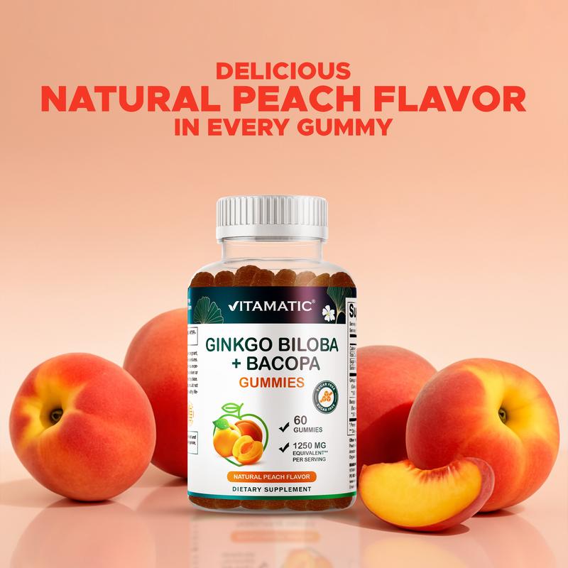 Vitamatic Ginkgo Biloba & Bacopa Gummies - 1250mg Peach Flavor - 60 Vegan Non-GMO Gluten-Free Gummies - Made in USA