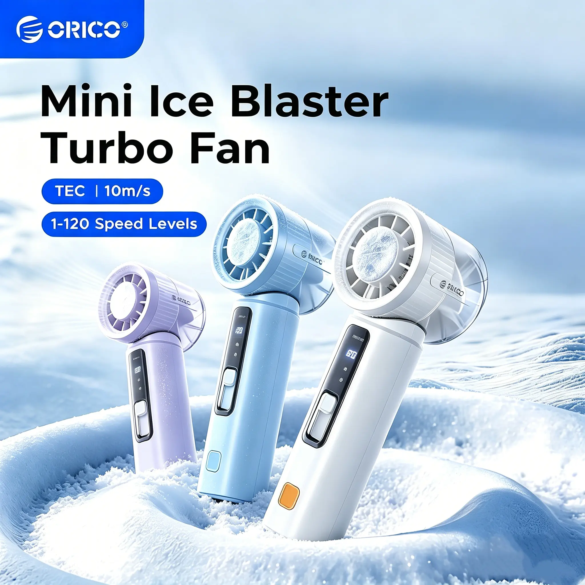ORICO Handheld High Speed Fan with Ice Cooler, 120 Speed Powerful Turbo Personal Cooling Portable Fan, Battery Operated, Up to 9 Working Hours, Small Pocket for Travel, Outdoor, Makeup, Summer Gift - mFan