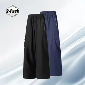 Women's 2-Pack Comfy Polyester Broad-Leg Pants - Soft, Loose, Simple, Stretch Mid-Waist Stirrup Bottoms, American Retro Style, Activewear Athletic Casual Everyday Womenswear