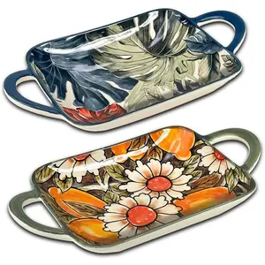 Ceramic Small Baking Dishes Set of 2 Rectangular Casserole Dish with Handles 12 oz Mini Bakeware for Oven to Table Appetizers Dips Snacks Dessert Gratin Dishes Serving Plates Two Different Patterns