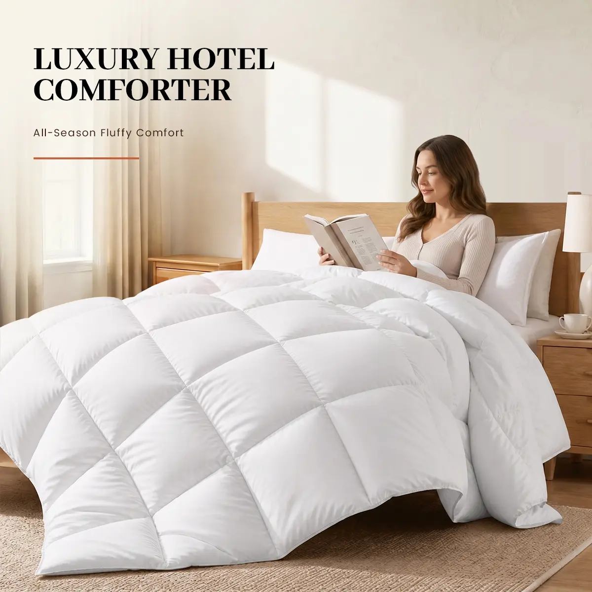 Bed Comforter Set, 100% Cotton Down-Proof Duvet Set, 3D Box Stitch, Cooling Goose All-Season Anti-Allergic Hotel Bedding for Hotel Sleep Experience
