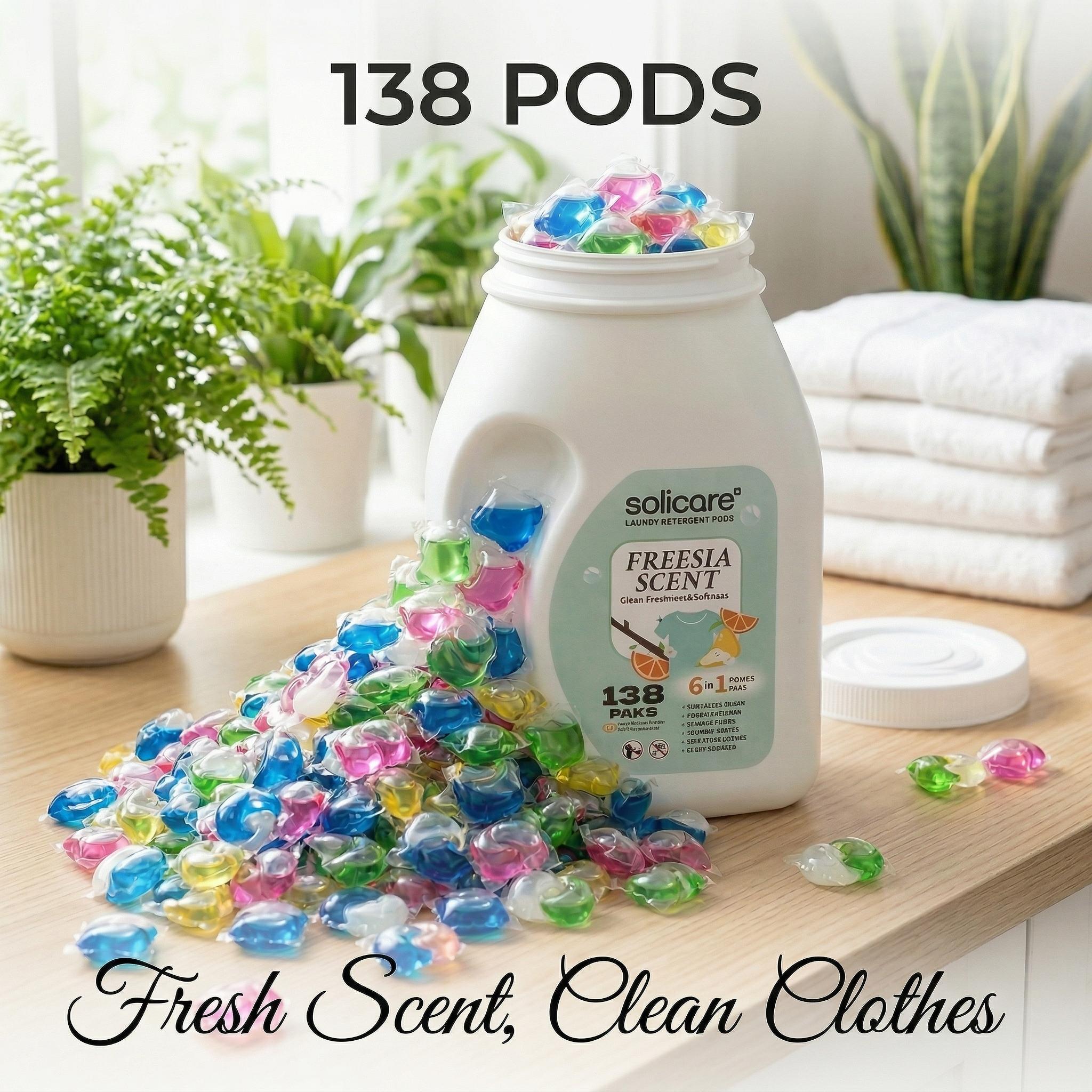 Z-Solicare-Fresh Freesia 6 in 1 Stain Fighting Odor Eliminating Ocean Breeze 138 Paks Multi-Chamber HE Compatible Laundry Detergent Pods for All Washing Machines