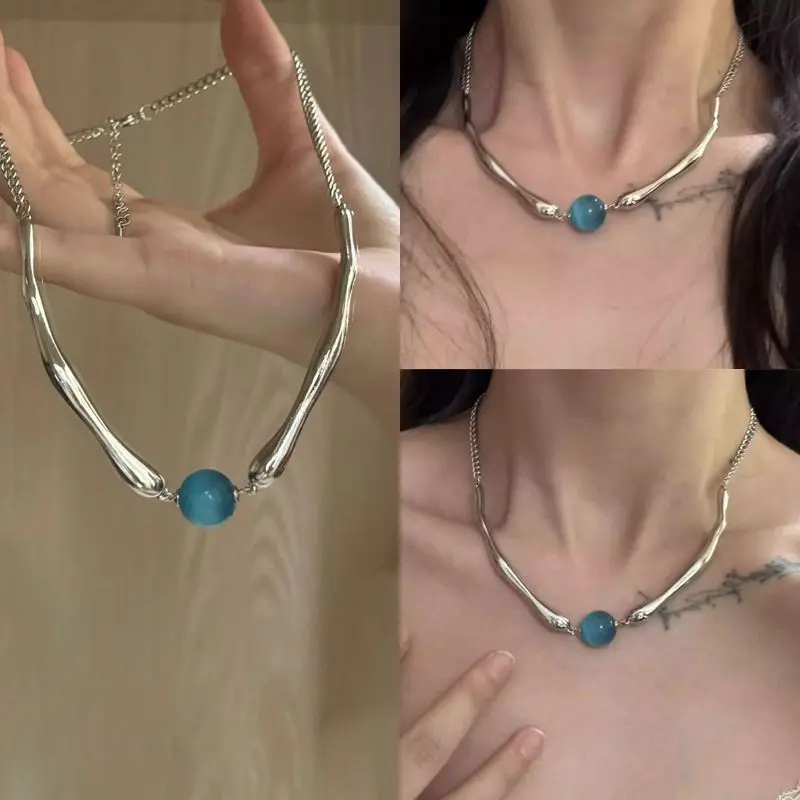 Women's Punk Mechanical Style Niche Alloy Choker Necklace - 45 cm, Blue Cat's Eye Stone, Beads, Alt Style, Alternative Fashion, Unique Versatile Accessory, Alt Style Necklaces, Alternative Fashion Necklaces