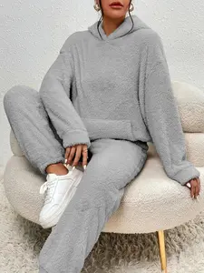 【Plus Size】Women's Oversized Hooded Lamb Wool Set, Casual Plain Long Sleeve Top & Pants, Fall Winter Home Wear, Thick Fabric, Plus Size