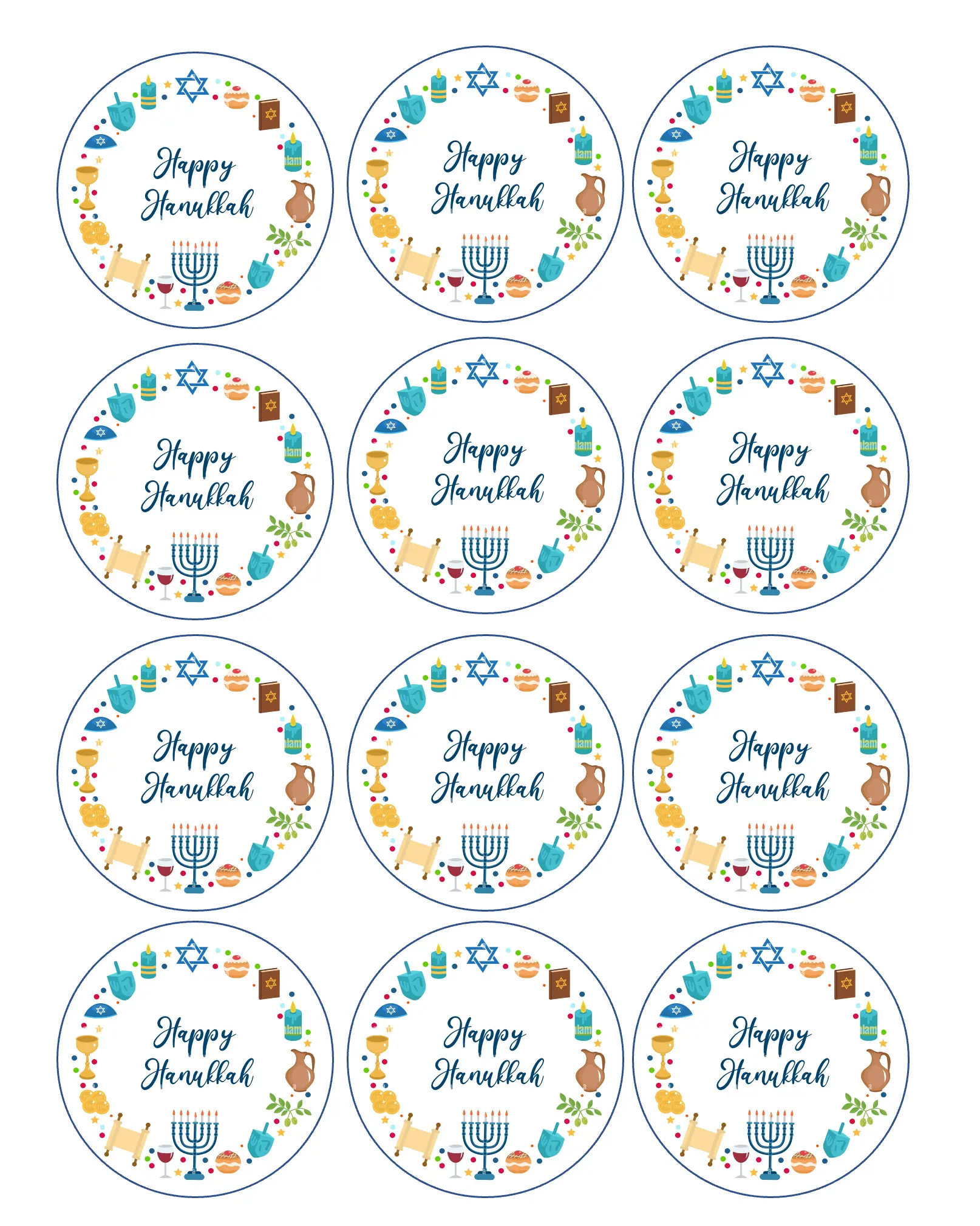 Set of 12 edible images for desserts, drink toppers, pre cut, many sizes available- Happy Hanukkah