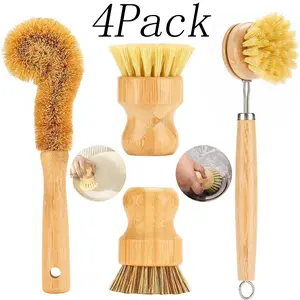 4 Pack Bamboo Cup Dish Brushes Sets,Natural Dish Scrub Brush with Sisal and Palm Bristles,4 Tools in One Kitchen Clean Dish,for Pots,Pans,Cup
