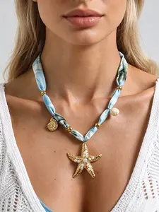 Boho Starfish Shell Necklace, Blue Print Fabric Stainless Steel Vacation Pendant, Unique Jewelry Accessory for Women