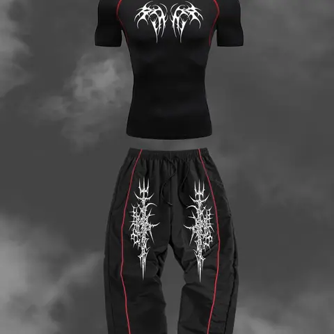 Gothic Print Men's Fitness Set, Y2K Style, Summer Quick-Dry Short Sleeve Tight T-Shirt + Drawstring Elastic Waist Long Pants, Gym Apparel, Gym Sets, Suitable for Running, Hiking & Sports Activities