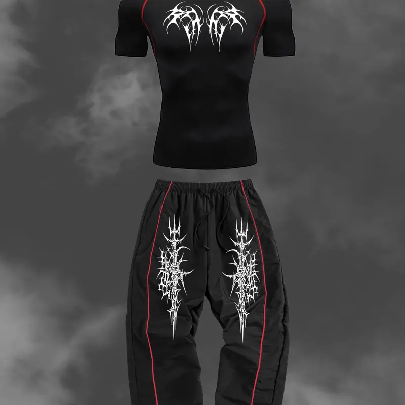 Gothic Print Men's Fitness Set, Y2K Style, Summer Quick-Dry Short Sleeve Tight T-Shirt + Drawstring Elastic Waist Long Pants, Gym Apparel, Gym Sets, Suitable for Running, Hiking & Sports Activities