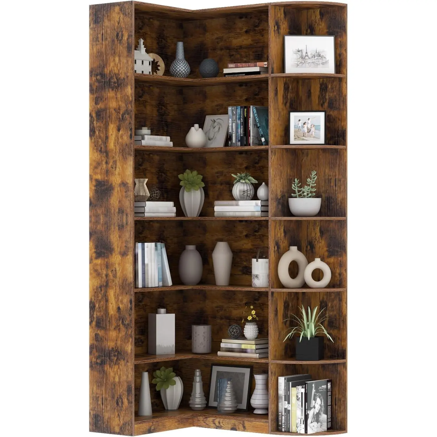 Loomie Bookshelves, 6 Tiers Shelf Large Tall Corner Etagere Bookcase with Full Baffle, L-Shaped Modern Storage Display Industrial Book Shelf for Bedroom, Home Office, Living Room & Kitchen, Rustic