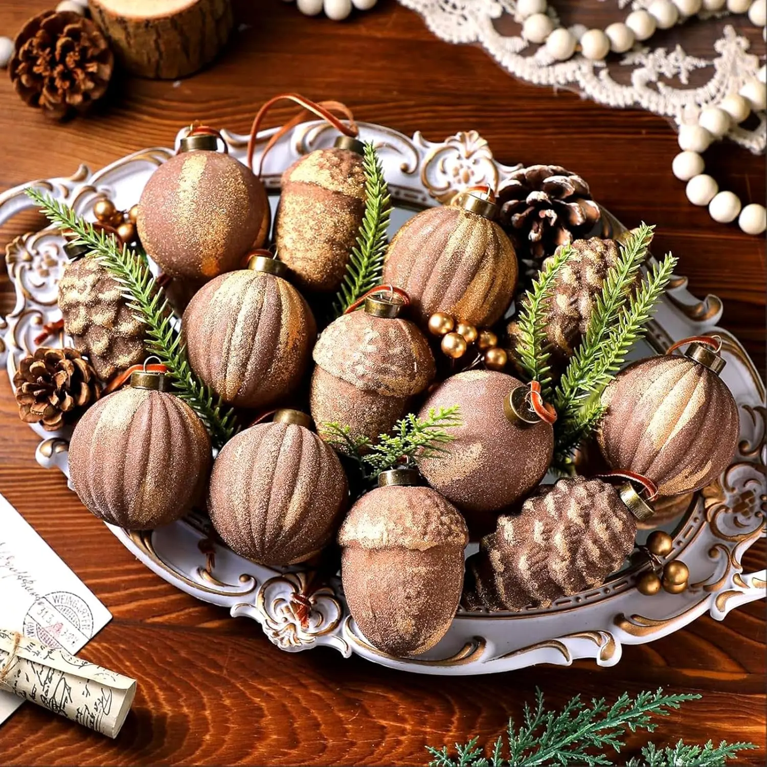 20 Pcs Vintage Christmas Ball Ornaments Neutral Textured Christmas Tree Hanging Decorations with Loop Antique Rustic Distressed Ornaments Decor for Home Farmhouse Xmas Party