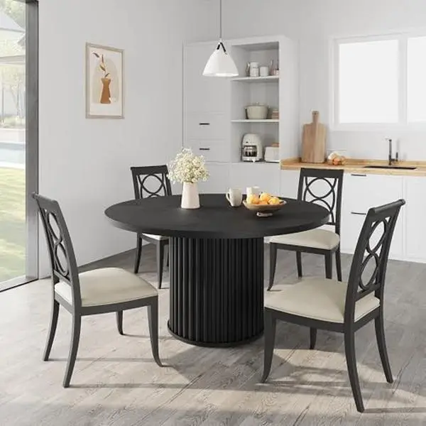 GARVEE 47" Round Dining Table for 4-6 – Industrial Kitchen Table with Sturdy Waveform Metal Pedestal Base for Dining Room and Kitchen, Black