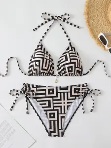 Women's High Waist Geometric Print Bikini Set, Thin Strap Floral Design, Two-Piece Swimsuit, Perfect for Beach Vacation and Summer Casual Wear