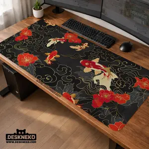 Japanese Koi Fish Desk Mat, Gaming Mousepad XXL, Abstract Black Red Gold Mouse pad, Extended Deskmat for Keyboard and Mouse