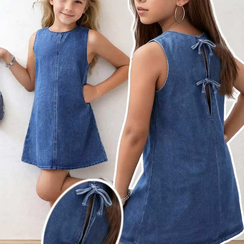 Teen Girl Summer Dress, Tie-Back Bow Design, Sleeveless Denim Dress, Casual Fitted Style, Suitable for Parties, Beach, Daily Wear, Dresses Summer
