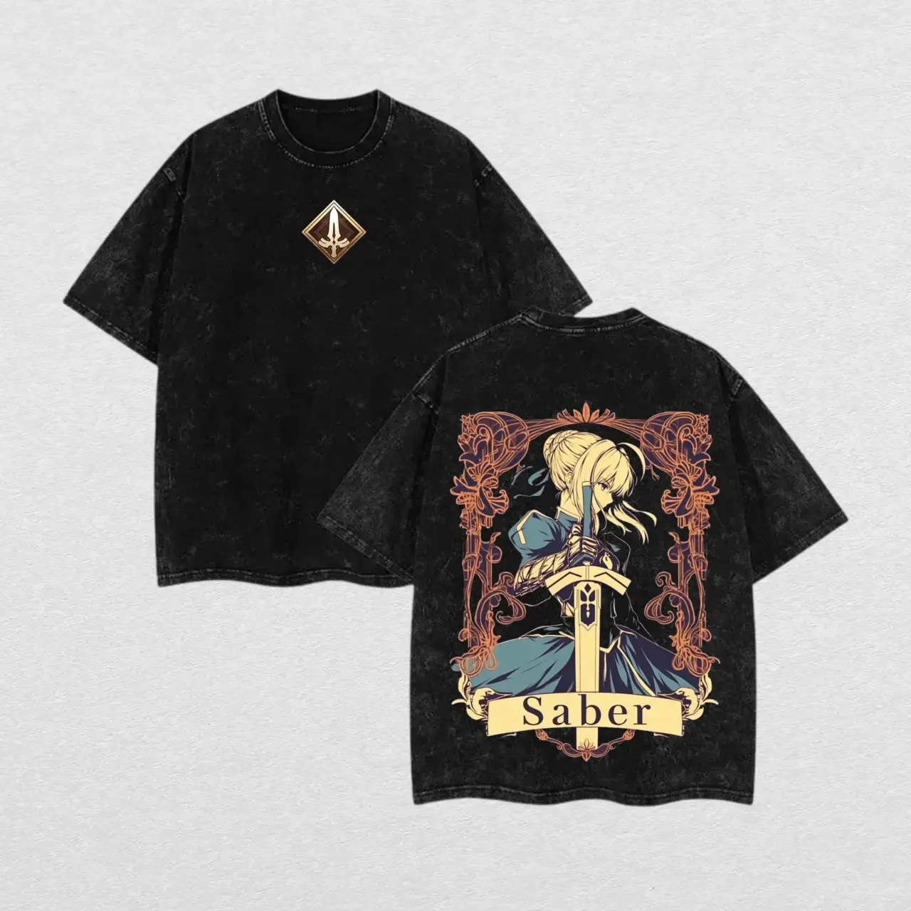 Saber Fate/stay night Oversized Washed Graphic Tee & Hoodie | Premium Cotton Retro Anime Pullover | Y2K Vintage Manga Streetwear Tops Fabric Menswear