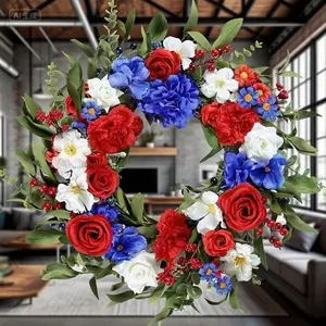 Patriotic Floral Wreath for Front Door with Red Blue White Artificial Flowers - Memorial Day Independence Day Veterans Day Decor - Reusable Holiday Wreath - Roses Hydrangea Daisy Arrangement Decorative Lightweight Plants Berry Box Centerpiece porch decor